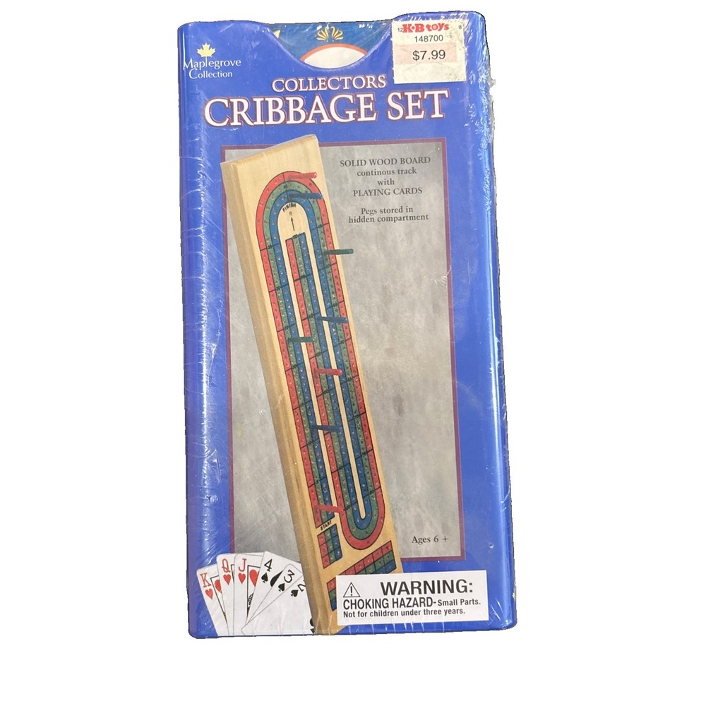 Solid Wood 3 Track Cribbage Set in Metal Tin with Playing Cards, Pegs - NEW